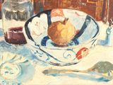 un tableau représentant un bol contenant une poire, posé sur une table