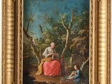 un vieux tableau représentant une femme et deux enfants dans un décor boisé