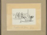 drawing of a group of people in a boat on a body of water