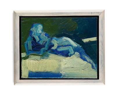 painting of a man sitting on a ledge with his arm resting on a woman ' s chest