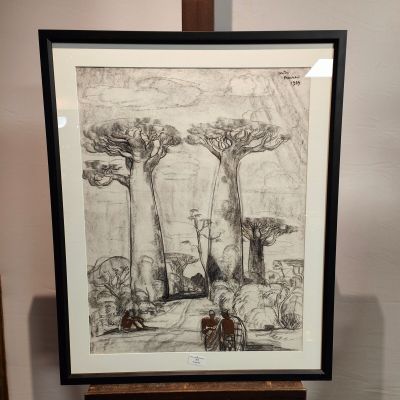 dessin encadré représentant un paysage avec des arbres et un homme assis sur un banc