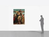 a man standing in front of a painting of jesus on the cross