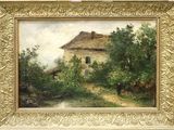an image of a painting of a house in a wooded area