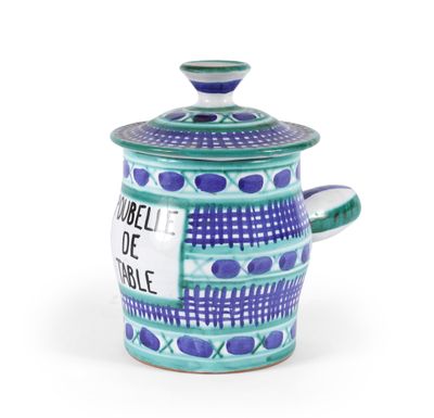 pot en céramique bleu et vert avec couvercle et anse