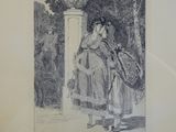 a drawing of a woman with a basket on her shoulder