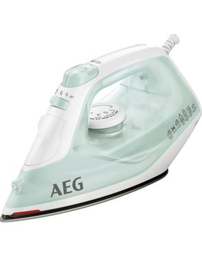 an image of a green and white steam iron on a white background