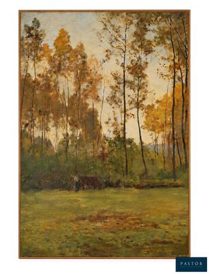 l'image d'une peinture d'un champ avec des arbres en arrière-plan