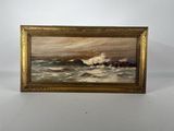une peinture à l'huile représentant un bateau en mer sur fond blanc
