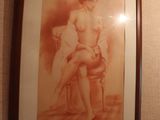 a picture of a woman sitting on a chair in a bathroom