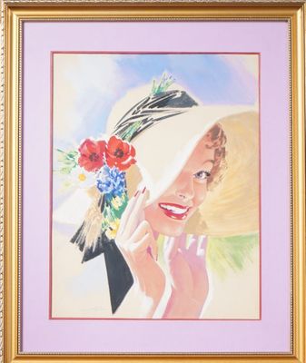 tableau représentant une femme coiffée d'un chapeau et tenant un bouquet de fleurs