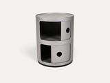 the side table is made of metal and has two drawers