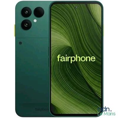 the back of a green smartphone with the text fairphone on it