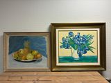 two paintings of flowers and fruit on a table in front of a wall