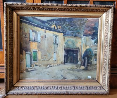 une peinture à l'huile représentant une scène de rue avec un cheval et une calèche devant un immeuble