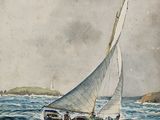painting of a sailboat in the ocean with a lighthouse in the background