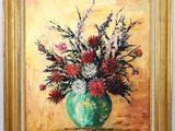 a painting of flowers in a green vase on a table