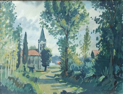 an oil painting of a church in a wooded area with trees