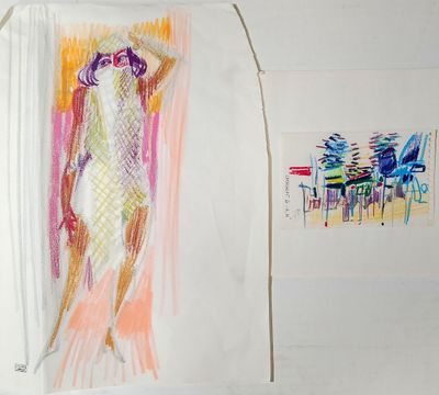 a drawing of a woman standing in front of a painting