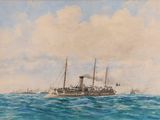 an old painting of a ship in the middle of a body of water