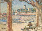 a painting of a man sitting on a bench by the water