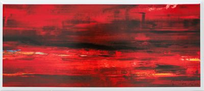 abstract painting of a red and black landscape with buildings in the background