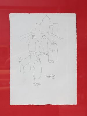 drawing of a group of people walking down a street next to a building