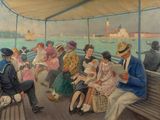 painting of a group of people sitting on a bench on a boat