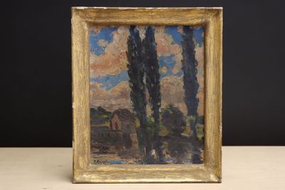une peinture à l'huile représentant deux arbres posés sur une table, sur fond noir