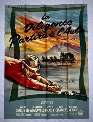 une vieille affiche de cinéma représentant un homme tenant un pistolet à la main, avec un train en arrière-plan