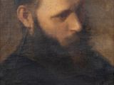 un tableau représentant un homme barbu vêtu d'une chemise noire
