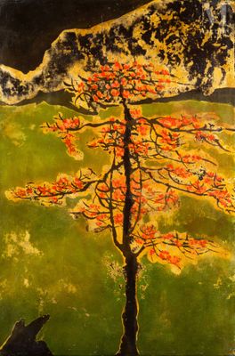 une image représentant un tableau où l'on voit un arbre et un ours dans un champ