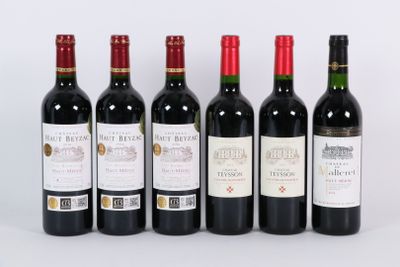 six bouteilles de vin sont alignées sur une surface blanche