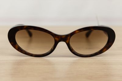 a close up of a pair of sunglasses sitting on a table