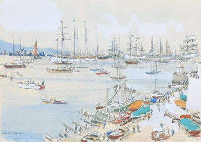 un tableau représentant un port avec de nombreux bateaux sur l'eau