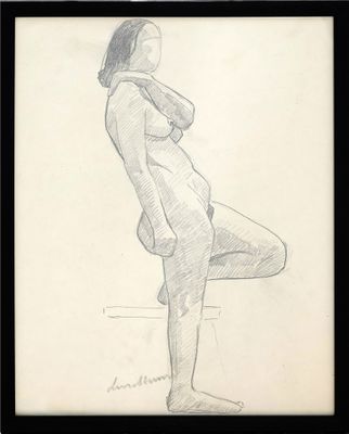 dessin au crayon représentant une femme à genoux, les mains sur les hanches