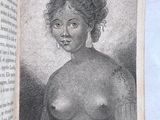an old book with a drawing of a woman ' s face on it