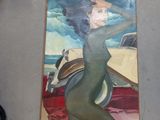 a painting of a woman in a green bodysuit on the floor