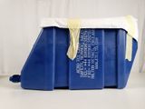 a blue plastic container with a yellow tape on top of it
