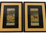 lot de deux tableaux encadrés représentant des oiseaux et des fleurs sur fond jaune