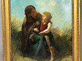 une peinture à l'huile représentant une femme tenant un enfant dans un champ
