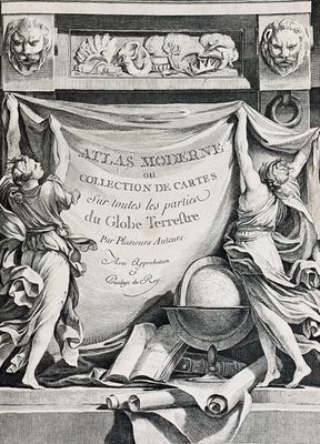 an old engraving of a banner with a picture of a man holding a globe in front of it