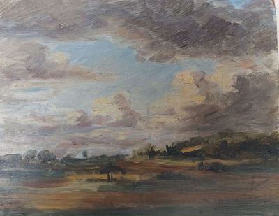 une peinture à l'huile représentant un ciel nuageux au-dessus d'un champ, avec des arbres au loin