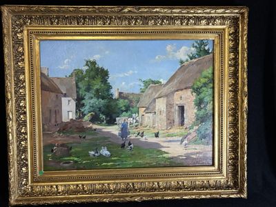 une peinture à l'huile représentant une scène de village avec des poulets et des poules