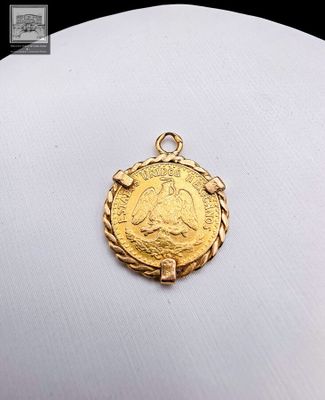 a close up of a gold coin on a white shirt