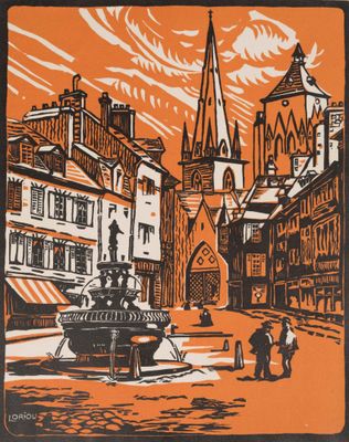 un dessin orange et noir représentant une ville avec une fontaine