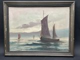an oil painting of a sailboat in the ocean with other boats in the water