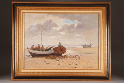 an image of a painting of people on a boat on the beach