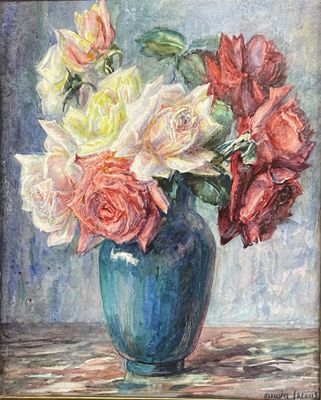 painting of roses in a blue vase on a table
