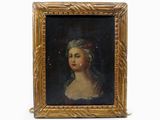 tableau représentant une femme dans un cadre doré, avec une fleur rouge dans les cheveux