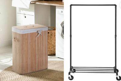 deux photos d'un panier à linge à roulettes et d'un panier à linge posé sur un chariot